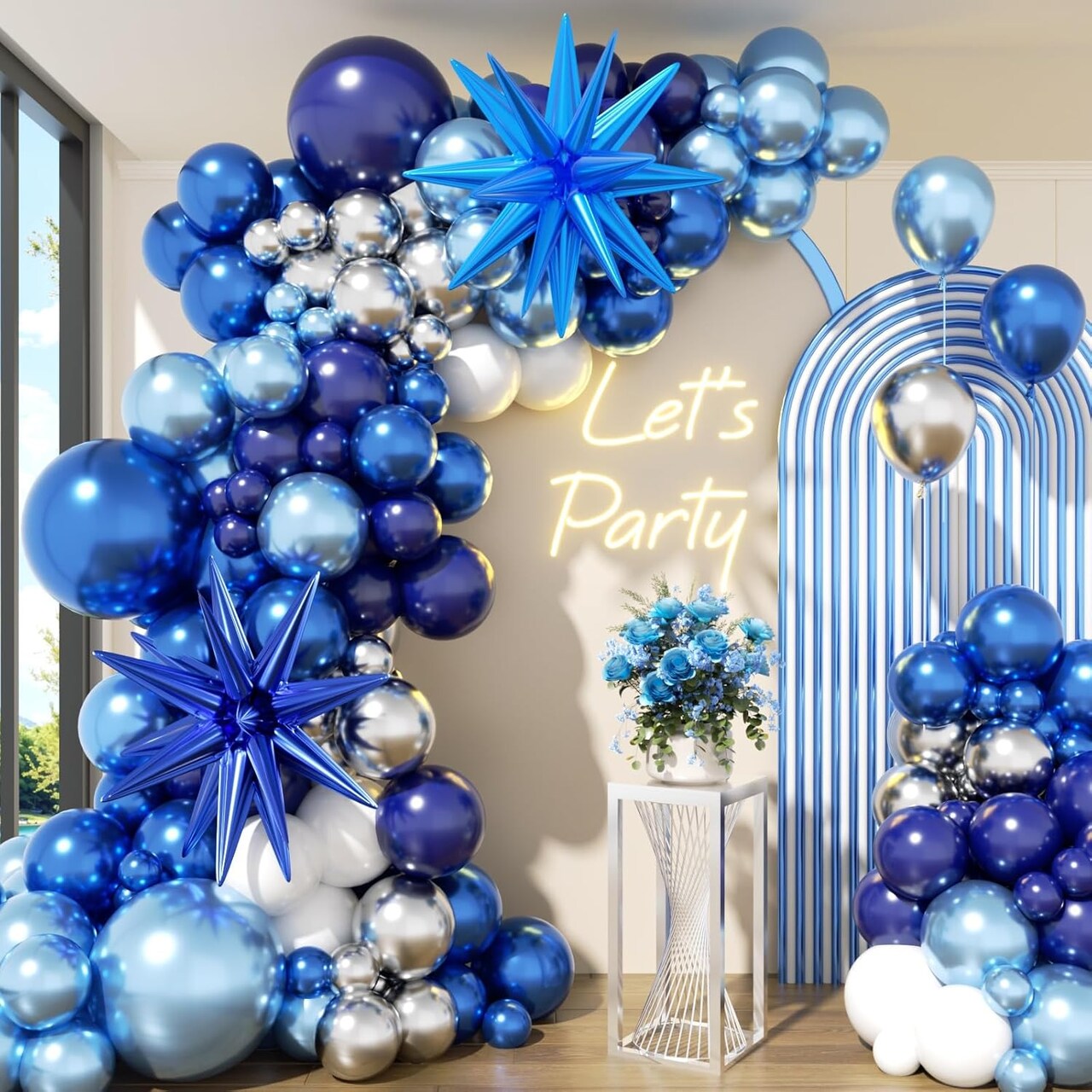 152PCS Blue White Silver Balloon Arch Kit with Star Balloons – Navy Metallic Light Blue Garland for 2026 Graduation, Birthday, Wedding, Baby Shower, Father’s Day & Party Decorations